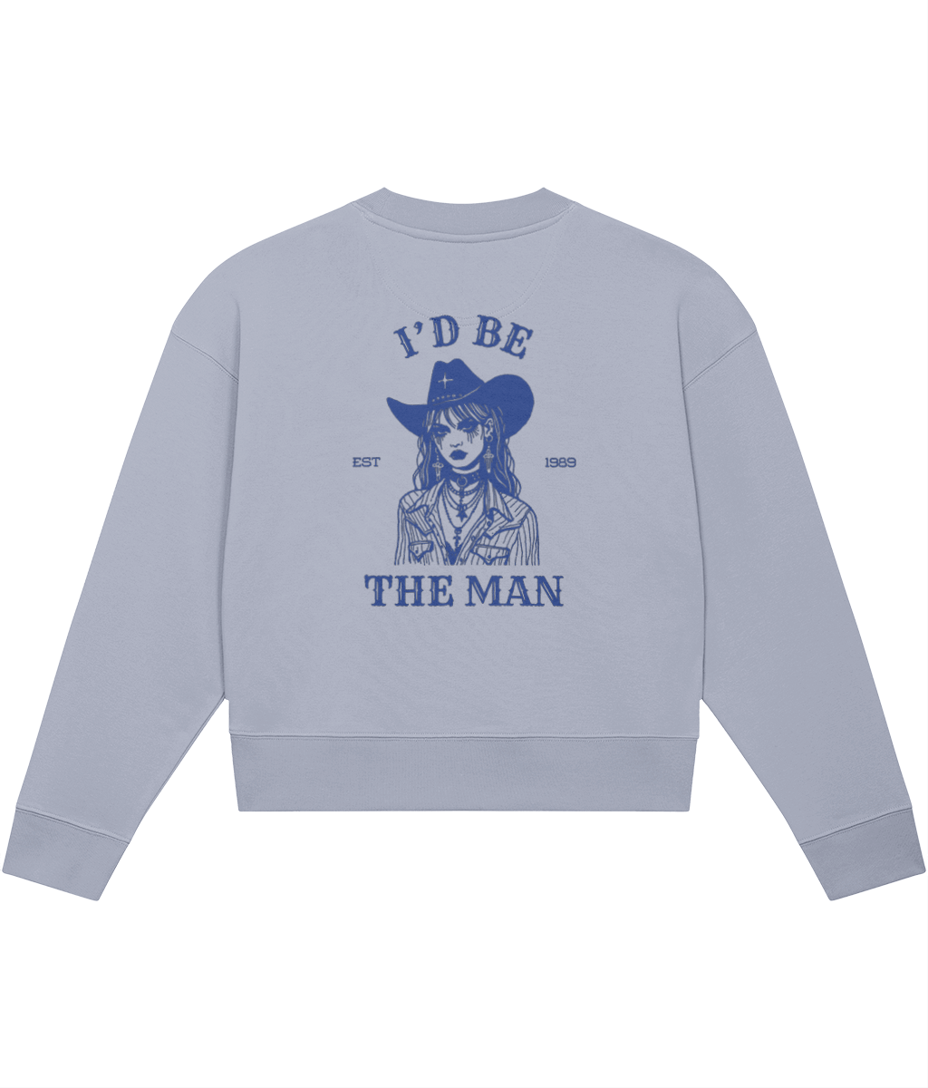 TayTay, I'd Be The Man Crop-sweatshirt, 'I'd Be The Man' inspired by Taylor's Lover era! Weight: 300gsm Material: 85% organic ring-spun combed cotton, 15% recycled polyester. Set-in sleeve 1x1 rib at neck collar, sleeve hem and bottom hem Inside herringbo