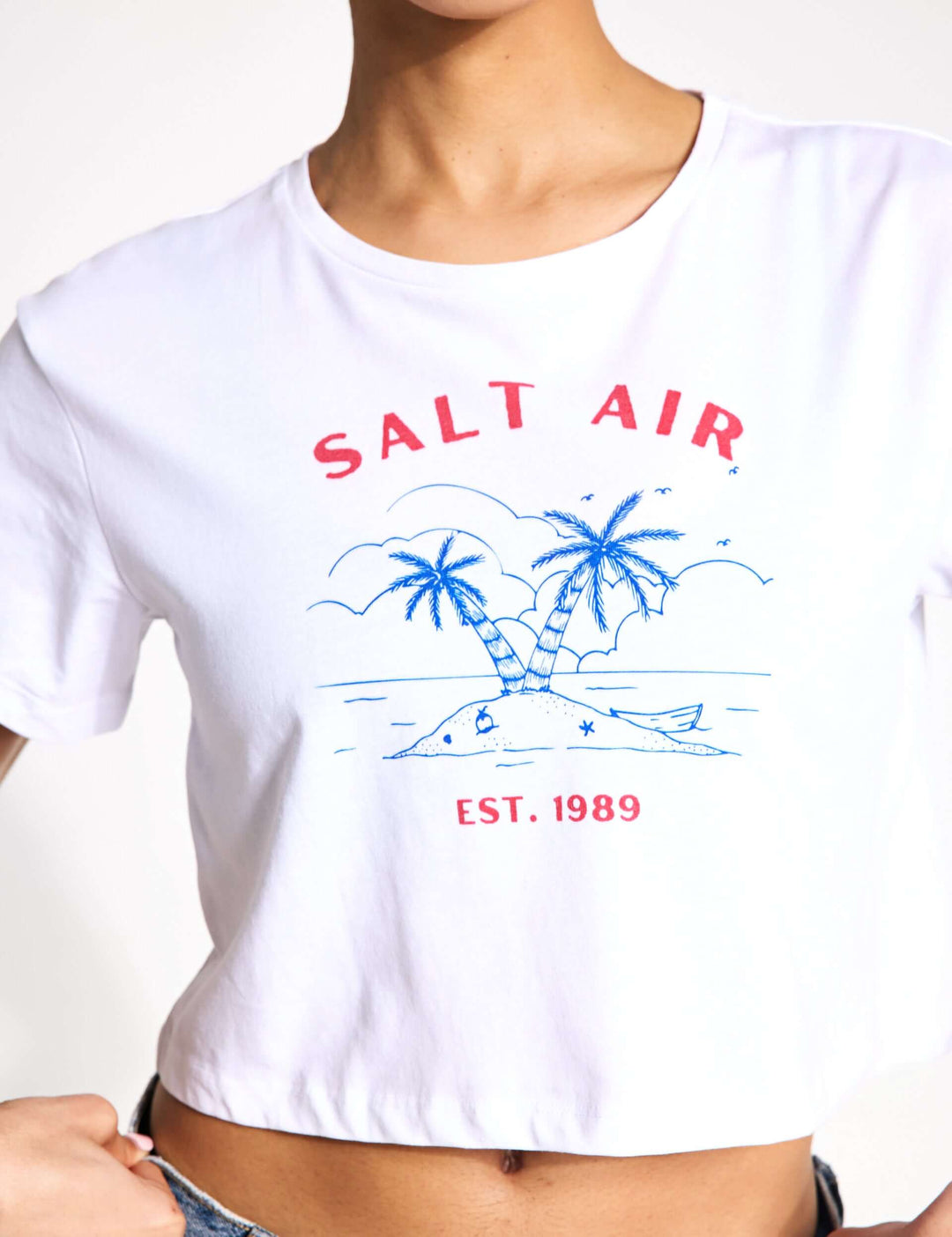 TayTay, Salt Air Palm Baby Tee, Inspired by the opening line from August on Folklore Models Height: 5'8" Model is wearing: X-Small Material:100% Cotton* Weight:150gsm Cropped t-shirt. Crew neck and short-sleeved. BSCI certified. SEDEX certified. WRAP cert