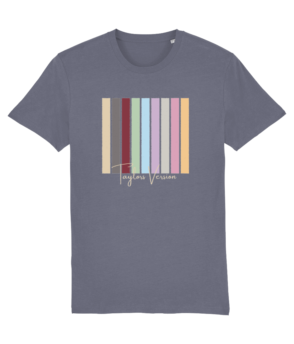 TayTay, Vintage Taylors Version Multi T-Shirt, We only listen to Taylor's Versions. Material: 100% organic ringspun combed cotton. Single Jersey. Set-in sleeve. 1x1 rib at neck collar. Inside back neck tape in self fabric. Sleeve hem and bottom hem with w