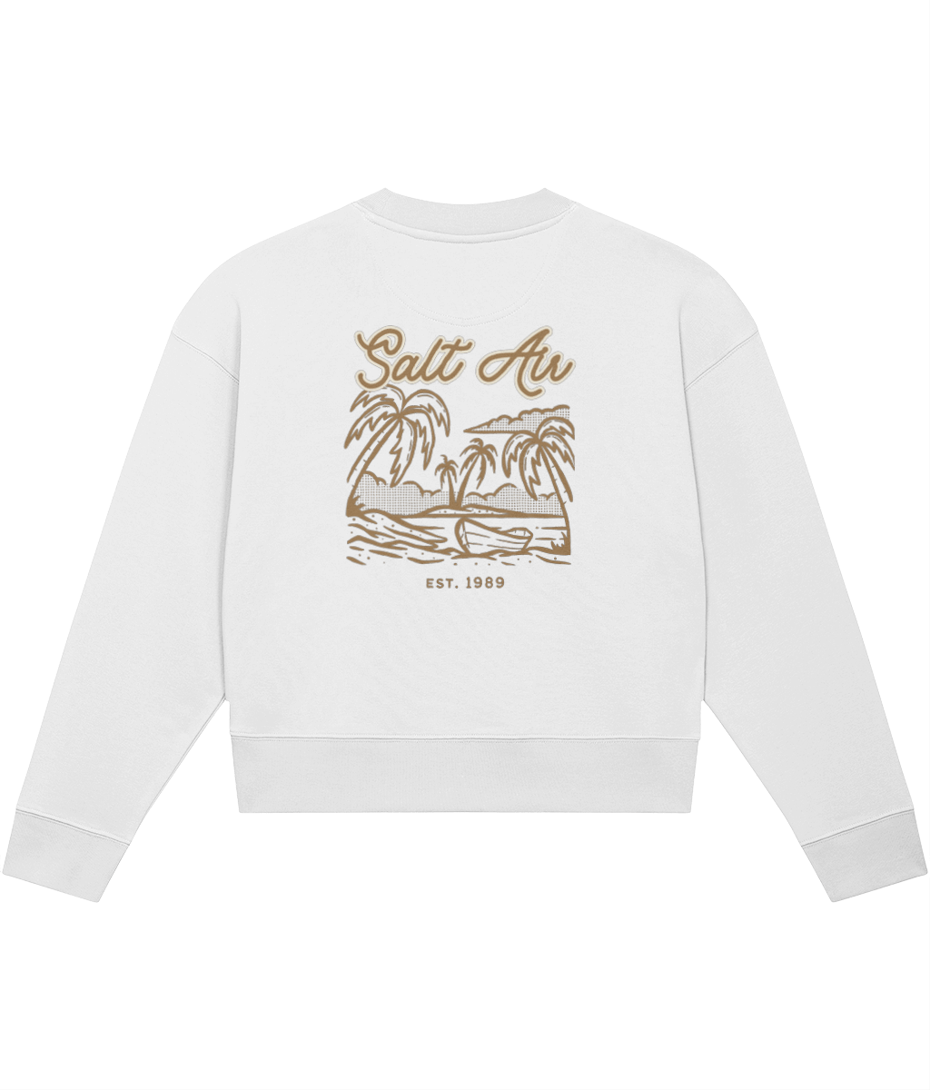 TayTay, Salt Air Beach Crop-sweatshirt, The opening lyric on fan favourite August from Folklore. Salt Air Crop-Sweatshirt. Weight:300gsm Material:85% organic ring-spun combed cotton, 15% recycled polyester. Set-in sleeve 1x1 rib at neck collar, sleeve hem