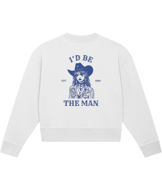 TayTay, I'd Be The Man Crop-sweatshirt, 'I'd Be The Man' inspired by Taylor's Lover era! Weight: 300gsm Material: 85% organic ring-spun combed cotton, 15% recycled polyester. Set-in sleeve 1x1 rib at neck collar, sleeve hem and bottom hem Inside herringbo