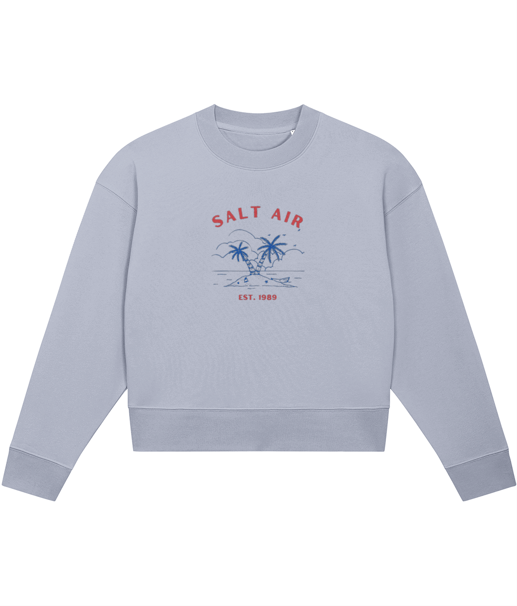 TayTay, Salt Air Palm Crop-sweatshirt, The opening lyric on fan favourite August from Folklore. Salt Air Palm Tree Crop Sweatshirt Weight:300gsm Material:85% organic ring-spun combed cotton, 15% recycled polyester. Set-in sleeve 1x1 rib at neck collar, sl