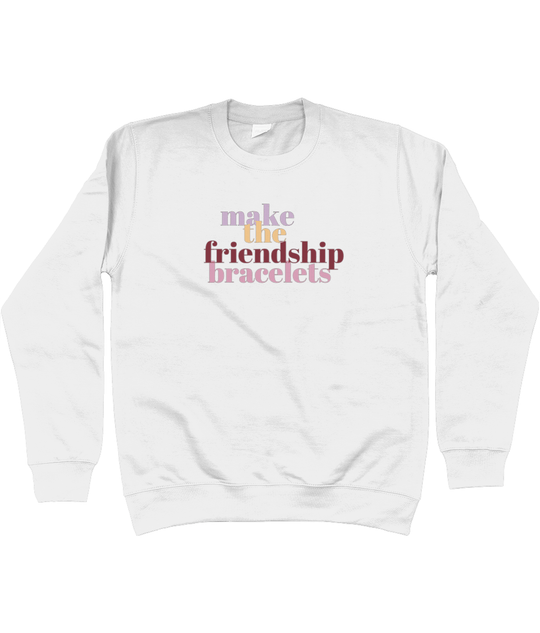 TayTay, Make The Friendship Bracelets Sweatshirt, Inspired by Swifties. Material:80% ring spun cotton/20% polyester. Drop shoulder style. Stylish fit. Soft cotton faced fabric. Taped neck. Ribbed collar, cuffs and hem. Twin needle stitching. WRAP Certifie