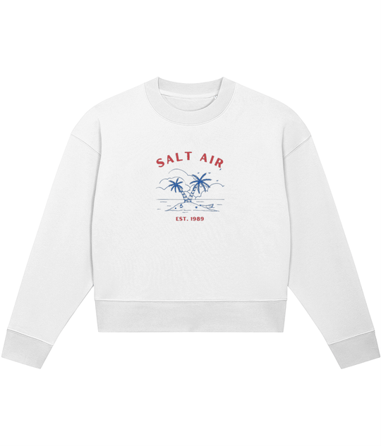 TayTay, Salt Air Palm Crop-sweatshirt, The opening lyric on fan favourite August from Folklore. Salt Air Palm Tree Crop Sweatshirt Weight:300gsm Material:85% organic ring-spun combed cotton, 15% recycled polyester. Set-in sleeve 1x1 rib at neck collar, sl