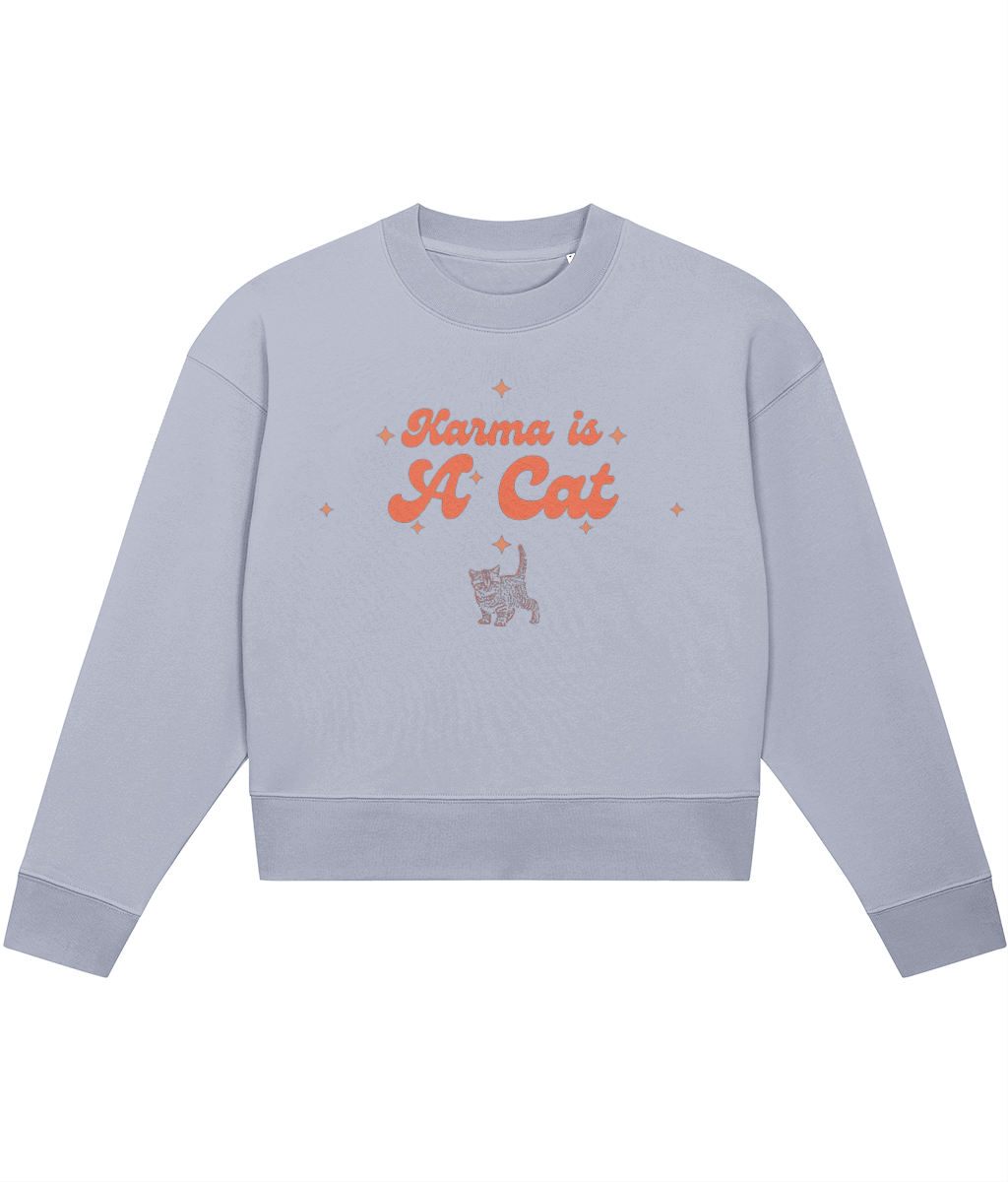 TayTay, Karma Is A Cat Crop-sweatshirt, Embrace the essence of Taylor Swift's iconic Midnight Era with our Karma Is A Cat Crop-sweatshirt. Weight:300gsm Material:85% organic ring-spun combed cotton, 15% recycled polyester. Set-in sleeve 1x1 rib at neck co