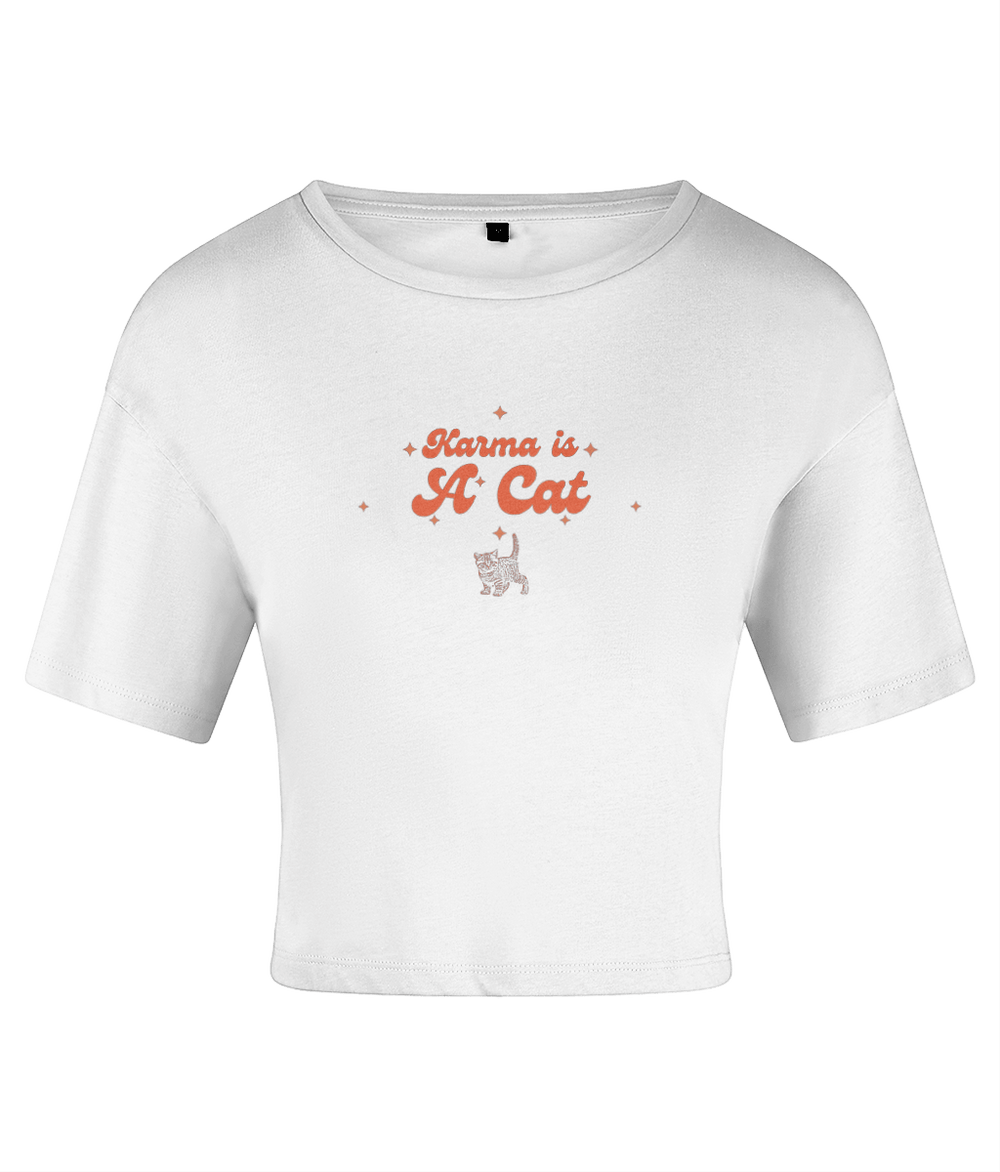 TayTay, Karma Is A Cat Baby Tee, Embrace the essence of Taylor Swift's iconic Midnight Era with our Karma Is A Cat Baby Tee. Material:100% Cotton* Weight:150gsm Cropped t-shirt. Crew neck and short-sleeved. BSCI certified. SEDEX certified. WRAP certified