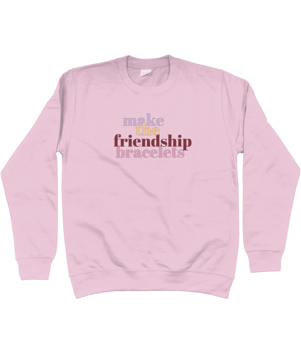 TayTay, Make The Friendship Bracelets Sweatshirt, Inspired by Swifties. Material:80% ring spun cotton/20% polyester. Drop shoulder style. Stylish fit. Soft cotton faced fabric. Taped neck. Ribbed collar, cuffs and hem. Twin needle stitching. WRAP Certifie