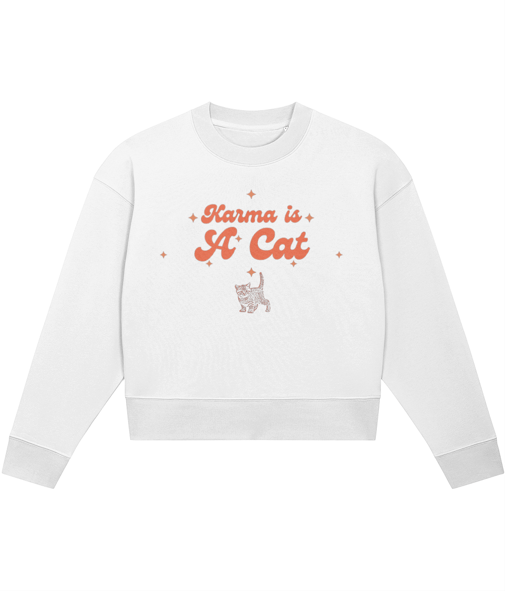 TayTay, Karma Is A Cat Crop-sweatshirt, Embrace the essence of Taylor Swift's iconic Midnight Era with our Karma Is A Cat Crop-sweatshirt. Weight:300gsm Material:85% organic ring-spun combed cotton, 15% recycled polyester. Set-in sleeve 1x1 rib at neck co