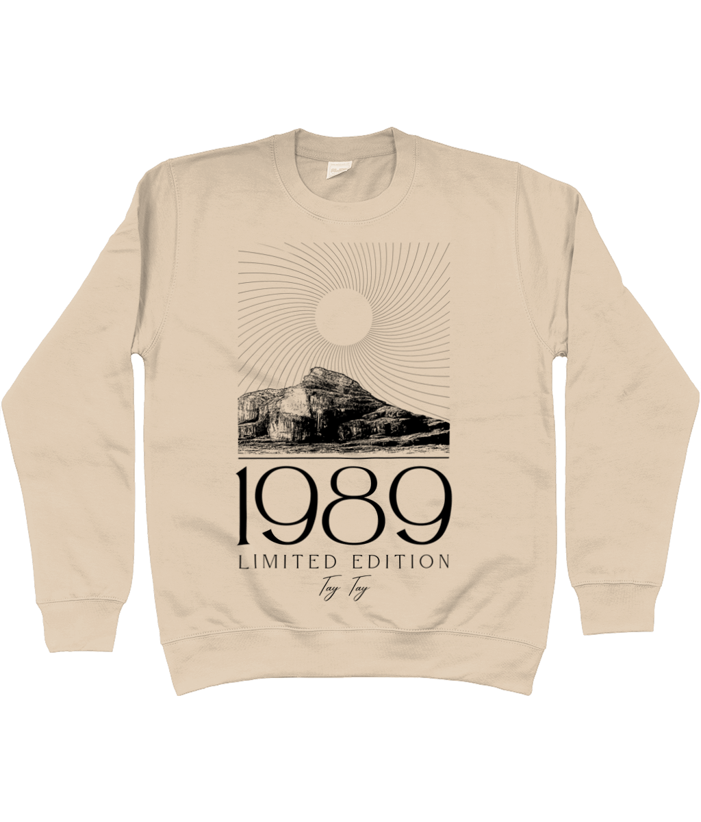 TayTay, Tay Tay 1989 Limited Edition Sweatshirt, 1989 Limited Edition Sweatshirt for the ultimate Swiftie. Models Height: 5'8" Model is wearing: Medium Material: 80% ringspun cotton/20% polyester. Drop shoulder style. Stylish fit. Soft cotton faced fabric