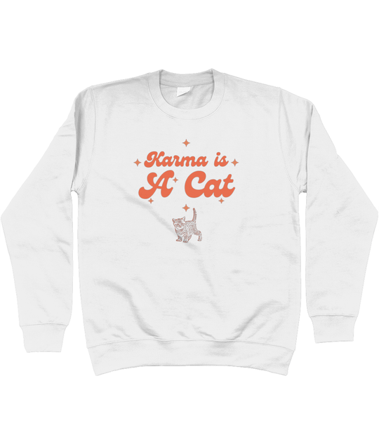 TayTay, Karma Is A Cat Sweatshirt, Embrace the essence of Taylor Swift's iconic Midnight Era with our Karma Is A Cat Sweatshirt. Material:80% ringspun cotton/20% polyester. Drop shoulder style. Stylish fit. Soft cotton faced fabric. Taped neck. Ribbed col