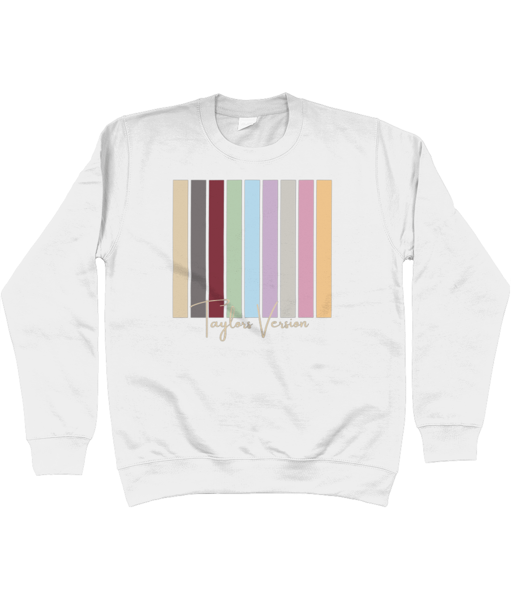 TayTay, Taylors Version Multi Sweatshirt, The only era's we listen to are Taylor's Version's! Material:80% ringspun cotton/20% polyester. Drop shoulder style. Stylish fit. Soft cotton faced fabric. Taped neck. Ribbed collar, cuffs and hem. Twin needle sti