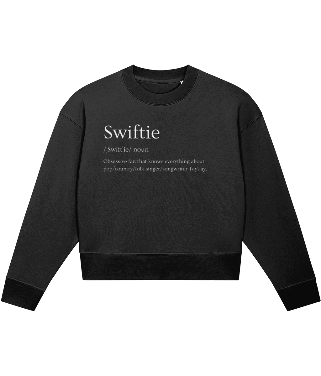 TayTay, Swiftie Crop-sweatshirt, Are you a Swiftie? Weight:300gsm Material:85% organic ring-spun combed cotton, 15% recycled polyester. Set-in sleeve 1x1 rib at neck collar, sleeve hem and bottom hem Inside herringbone back tape Self fabric half moon at b