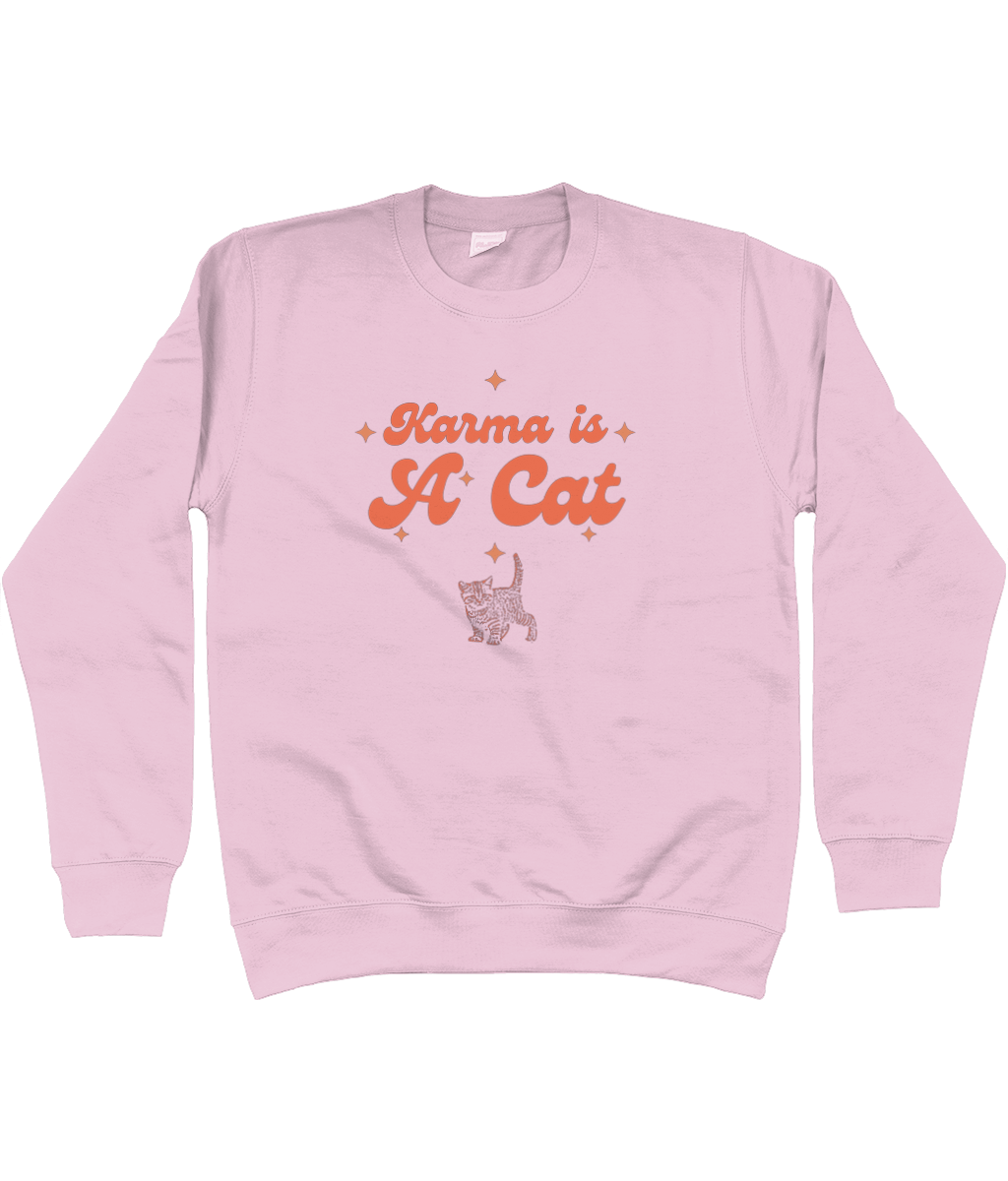 TayTay, Karma Is A Cat Sweatshirt, Embrace the essence of Taylor Swift's iconic Midnight Era with our Karma Is A Cat Sweatshirt. Material:80% ringspun cotton/20% polyester. Drop shoulder style. Stylish fit. Soft cotton faced fabric. Taped neck. Ribbed col