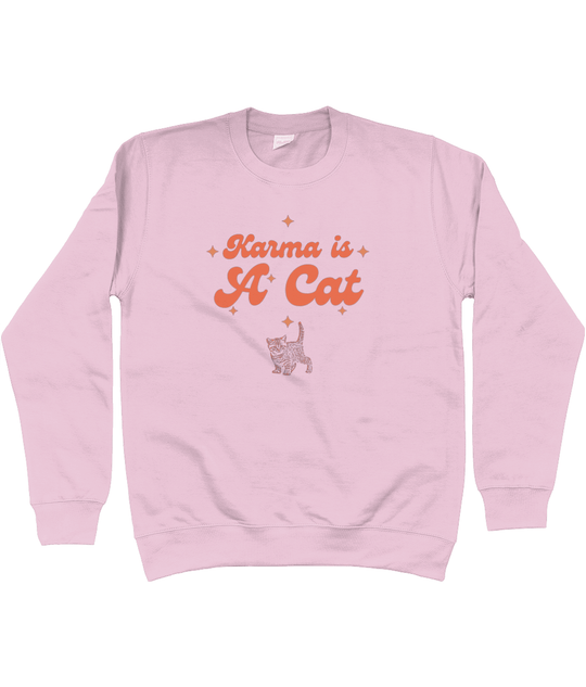 TayTay, Karma Is A Cat Sweatshirt, Embrace the essence of Taylor Swift's iconic Midnight Era with our Karma Is A Cat Sweatshirt. Material:80% ringspun cotton/20% polyester. Drop shoulder style. Stylish fit. Soft cotton faced fabric. Taped neck. Ribbed col